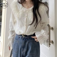 ブラウス シャツ シフォン フリル レース ビックカラー フリル襟 キャンディスリープ トップス シンプル ゆったり 長袖 レトロ 大人可愛い ガーリー DTCA-73482174008166