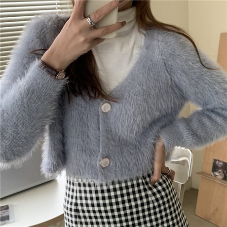 クロップド丈 ニットカーディガン シングルブレスト シャギー風 Vネック 薄手 長袖 ショート丈 レトロ 韓国ファッション レディース 大人可愛い ガーリー DTC-628749209744