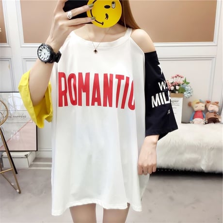 レディース 肩開き 肩出し バイカラー Tシャツ ゆったり 半袖 チュニック オフショルダー 韓国ファッション オルチャン (DCT-586776858110)