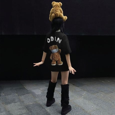 ユニセックス Tシャツ 半袖 マスククマちゃん バックプリント オーバーサイズ 大きめ カジュアル 韓国ファッション メンズ レディース 韓国ストリートファッション DTC-673750986109