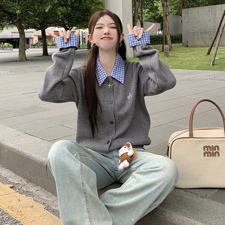 フェイクレイヤード ニット トップス チェック柄 刺繍ロゴ トップス 長袖 レトロ 韓国ファッション レディース 大人可愛い ガーリー DTCA-833712372783