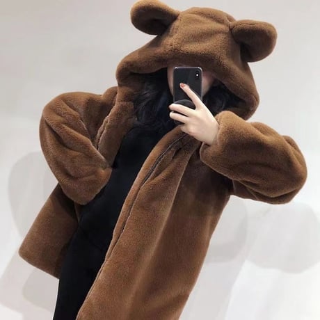 クマ耳 フード付き ボアブルゾン フェイクファー ファーブルゾン ボアジャケット アウター もこもこ ボア ゆったり レトロ 大人可愛い ガーリー カジュアル DTCA-745996723815