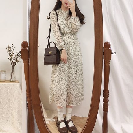 レディース Vネック 花柄 シフォン ロングワンピース レトロ 長袖 花柄 フェミニン 韓国ファッション オルチャン (DCT-585296164758)