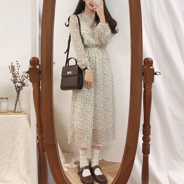 レディース 韓国 ワンピース 花柄 シフォンドレス レトロ c634 レディース Vネック 花柄 シフォン ロングワンピース レトロ