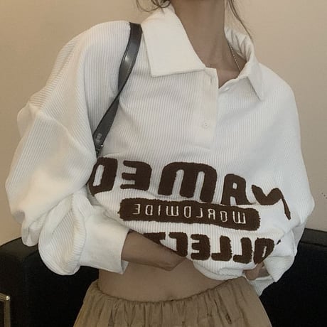 コーデュロイ トップス プルオーバー 襟付き ボアロゴ 長袖 レトロ 韓国ファッション レディース カジュアル ストリート系ファッション DTC-656796001733