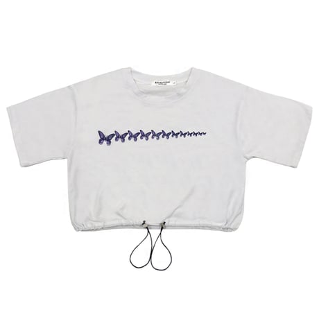 【3カラー】 Tシャツ バタフライ柄 半袖 コードストッパー 裾絞り クロップド丈 ショート丈 韓国ファッション レディース カジュアル 韓国ストリートファッション DTC-619665826393