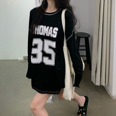 Tシャツ 長袖 ナンバリング レタープリント ロンT ワンショルダー オーバーサイズ トップス ルーズ レトロ 韓国ファッション レディース 大人可愛い ガーリー DTCA-861844447756