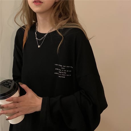 Tシャツ 2カラー 長袖 ルーズ 韓国ファッション レディース トップス 英字プリント シンプル ラウンドネック オーバーサイズ カジュアル かわいい 626233161455