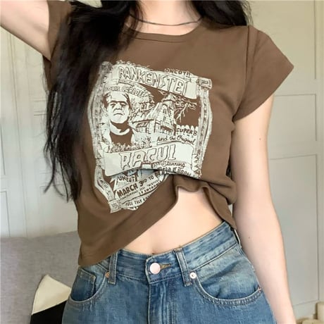 Tシャツ 半袖 ショート丈 トップス レトロ 韓国ファッション レディース 大人可愛い ガーリー カジュアル DTC-702569094290