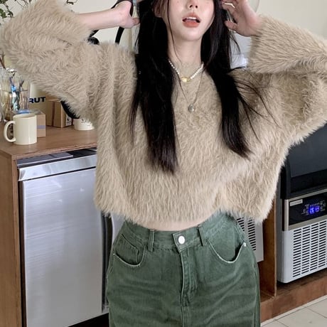 シャギーニット ショート丈 プルオーバー ルーズ トップス 秋 冬 長袖 レトロ 韓国ファッション レディース 大人可愛い ガーリー DTC-686780552464