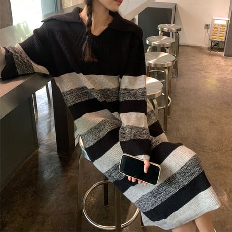 ニットワンピース ボーダー柄 パネルボーダー ロング丈 ラペル 大きい襟 ルーズ ロングワンピース 長袖 レトロ 韓国ファッション レディース 大人可愛い ガーリー DTC-745423082374