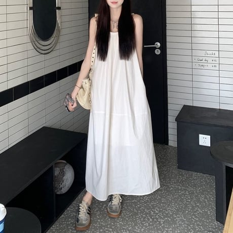 ノースリーブ ワンピース ギャザー ゆったりウエスト ロングワンピース Aライン 体型カバー ルーズ レトロ 大人可愛い ガーリー 韓国ファッション レディース DTC-809589554371