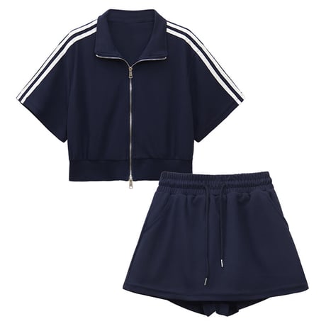 セットアップ スポーツMIX トップス スカート ショートパンツ 半袖 サイドライン クロップド丈 ジップ 上下セット 韓国ファッション レディース カジュアル DTC-713933890029