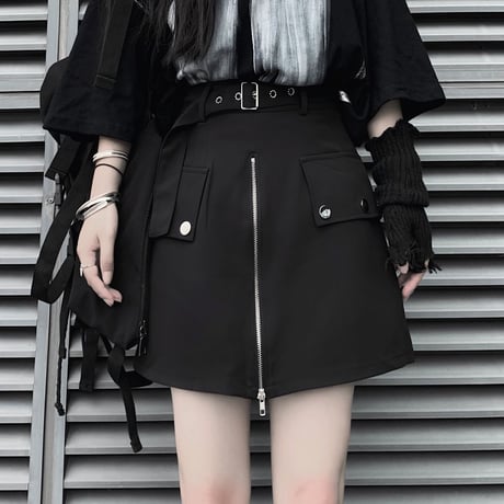 スカート風 ショートパンツ フロントジップ Aライン ハイウエスト 韓国ファッション レディース ショーパン ジップアップ ガーリー 暗黒系 DTC-620051473564