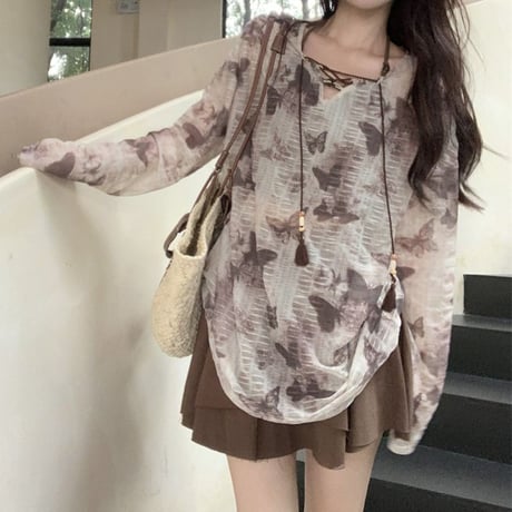 シアートップス バタフライ柄 シースルー オーバーサイズ tシャツ ルーズ 長袖 レトロ 韓国ファッション レディース 大人可愛い ガーリー DTC-803808832596