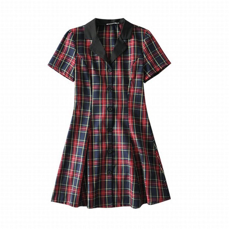チェック ワンピース 半袖 ウエストリボン ハイウエスト 韓国