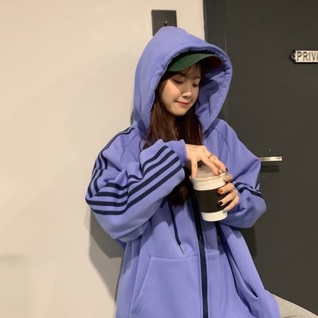 パーカー 裏起毛 袖ライン ジップアップ プラスベルベット 長袖 オーバーサイズ 韓国ファッション レディース ルーズ カジュアル ストリートファッション DTCA-732271460143
