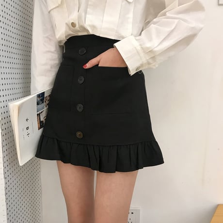 フィッシュテール スカート 裾フリル フロントボタン 韓国ファッション レディース フィット タイト 台形 ショート 無地 ハイウエスト 大人可愛い ガーリー DTC-598590628175
