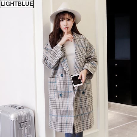 チェスターコート チェック柄 ひざ丈 韓国 ファッション レディース アウター ウールコート ダブルブレス レトロ ガーリー (DTC-603144493061)