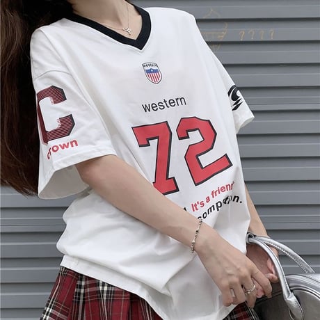 Tシャツ ユニフォーム風 Vネック オーバーサイズ トップス ビッグシルエット 半袖 レトロ 韓国ファッション レディース 大人可愛い ガーリー スポーツミックス DTC-802799667904
