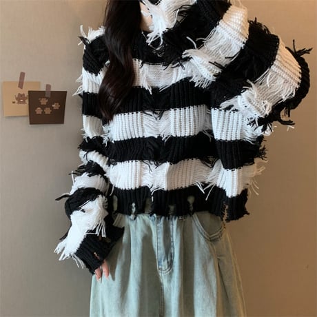 ボーダーニット ダメージ加工 フリンジ ブラック レッド プルオーバー ダメージニット ニット ボーダー ショート丈 セーター ルーズ 秋 冬 レトロ カジュアル DTCA-749285041716