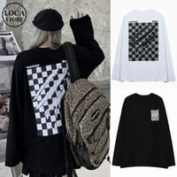 ユニセックス Tシャツ 長袖 モノトーンフラッグ柄 爪痕 オーバーサイズ 韓国ファッション メンズ レディース ロンT カジュアル ストリートファッション DTC-651649556386