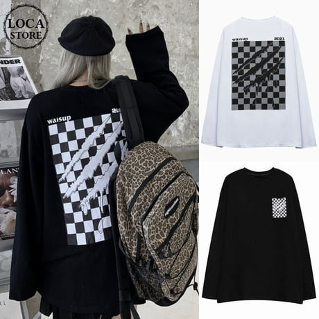 ユニセックス Tシャツ 長袖 モノトーンフラッグ柄 爪痕 オーバーサイズ 韓国ファッション メンズ レディース ロンT カジュアル ストリートファッション DTC-651649556386