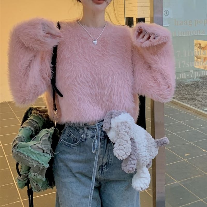 シャギーニット ショート丈 プルオーバー ルーズ トップス 秋 冬