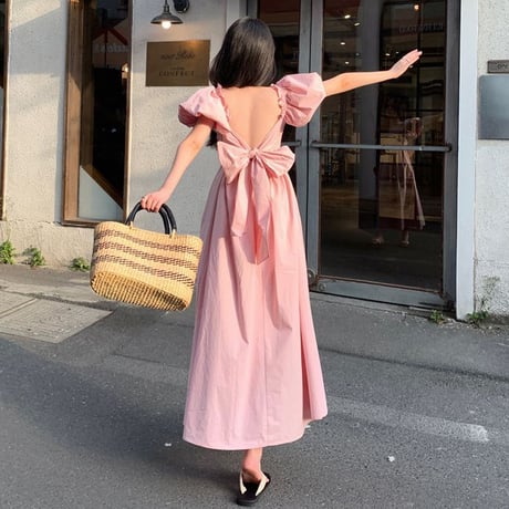 バックリボン ワンピース バックオープン 背中開き スクエアネック パフスリーブ 半袖 ロング丈 Aライン ハイウエスト レトロ レディース 大人可愛い ガーリー DTC-714854363680