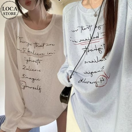 シアートップス ロンT ロゴプリント オーバーサイズ  ゆったり トップス tシャツ 冷房対策 紫外線対策 長袖 レトロ 大人可愛い ガーリー カジュアル DTCA-870596164404