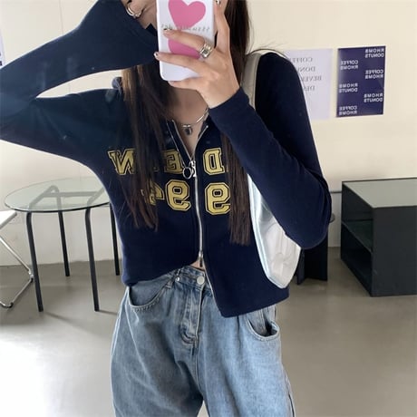 【2カラー】 トップス ジップアップ ショート丈 スリム 古着風 長袖 レトロ 韓国ファッション レディース 大人可愛い ガーリー カジュアル DTC-652255998537
