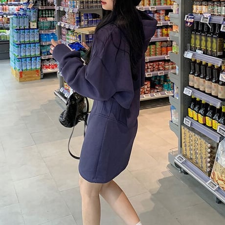 フード付きワンピース 薄手 フェイクレイヤード ウエストカット ミニワンピース ハイウエスト 長袖 レトロ 韓国ファッション 大人可愛い ガーリー カジュアル DTC-682842841895