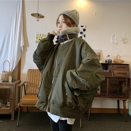 ボアカラーブルゾン MA-1 ネックベルト オーバーサイズ ラムウール 韓国ファッション レディース ジャケット ブルゾン アウター 防寒 ボア カジュアル DTC-628885333328