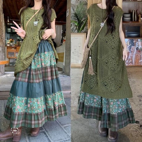 2点セット エスニックスタイル ロングニットベスト サマーニット 花柄 チェック柄 ロングスカート レイヤード レトロ 大人可愛い ガーリー DTC-782922339841