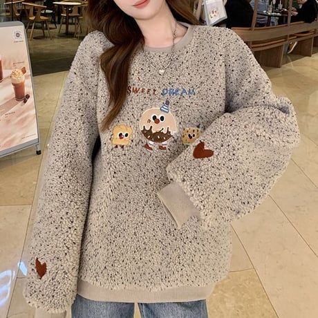 ボアトレーナー ボアトップス フェイクラムウール オーバーサイズ トップス 刺繍 長袖 プルオーバー レトロ 韓国ファッション レディース 大人可愛い カジュアル DTC-751169871105