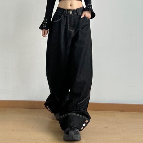 デニムパンツ 裾ボタン ボトムス ジーンズ ハイウエスト デニム ワイドパンツ ルーズ パンツ ズボン レトロ 大人可愛い ガーリー カジュアル DTCA-838887191413