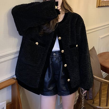 ボアカーディガン ボアジャケット 襟なし アウター もこもこ 厚手 長袖 ゆったり レトロ 韓国ファッション レディース 大人可愛い ガーリー カジュアル DTC-657187662535