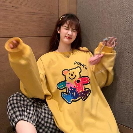トレーナー 落書き風 クマちゃん プリント ルーズ スウェット 韓国ファッション レディース ラウンドネック 長袖 ガーリー (DTC-624906211705)