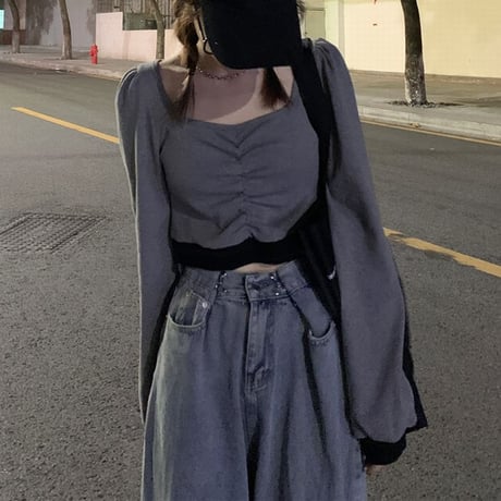 Tシャツ 長袖 スクエアネック ショート丈 プルオーバー ロングTシャツ ロンT カットソー ゆったり 韓国ファッション レディース カジュアル DTC-654629361140