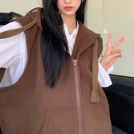 フード付き ベスト パーカー ベスト ジップアップ オーバーサイズ ルーズ レトロ 韓国ファッション レディース ガーリー カジュアル DTC-683052548777