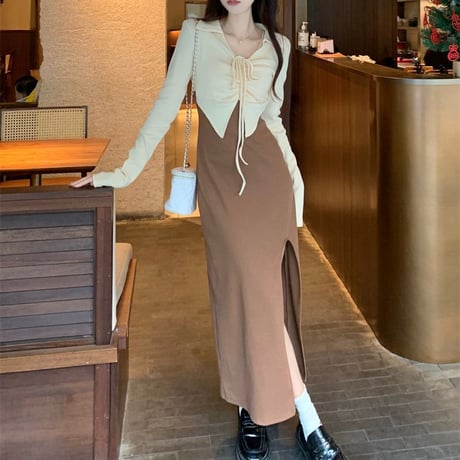 フェイクレイヤード ワンピース ドッキングワンピース 襟付き ハイウエスト スリット ロング丈 Aライン レトロ 韓国ファッション レディース 大人可愛い ガーリー DTC-703963287461