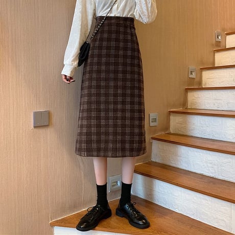チェック柄 コーデュロイスカート ハイウエスト 韓国ファッション レディース ロングスカート タイトスカート 大人可愛い ガーリー DTC-628449073016