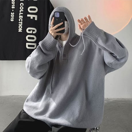 ユニセックス ニットパーカー ハーフボタン プルオーバー フード付き ニット 長袖 オーバーサイズ 韓国ファッション メンズ レディース ストリート系ファッション DTC-684636512220