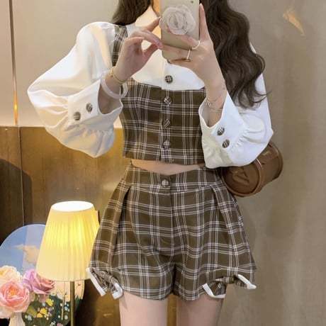 セットアップ チェック柄 フェイクレイヤードトップス ショートパンツ バルーンスリーブ ボタン リボン レトロ 韓国ファッション レディース 大人可愛い ガーリー DTC-682982915477