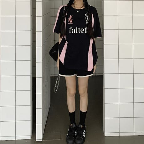Tシャツ ユニフォーム風 オーバーサイズ サイドライン バイカラー トップス 半袖 レトロ 韓国ファッション レディース 大人可愛い ガーリー スポーツミックス DTC-802941498047