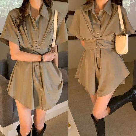 2点セット シャツワンピース ショートパンツ ブラウスワンピース ウエストマーク 半袖 チュニック ハイウエスト 韓国ファッション レディース 大人可愛い ガーリー DTC-675502556597