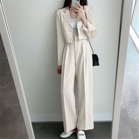 セットアップ 2点セット ショートジャケット ワイドパンツ ショート丈 テーラードジャケット タックパンツ パンツスーツ 長袖 レトロ 大人可愛い DTCA-740940979194