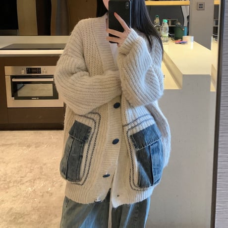 カーディガン ニット デニムミックス 異素材 オーバーサイズ 長袖 ルーズ ゆったり レトロ 韓国ファッション レディース 大人可愛い ガーリー カジュアル DTC-738962872965