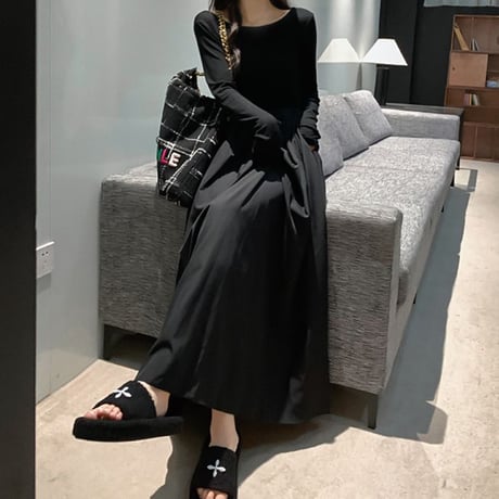 マキシ丈 ワンピース ウエストスリム ハイウエスト 長袖 Aライン シンプル レトロ 韓国ファッション レディース 大人可愛い ガーリー DTC-681602766875