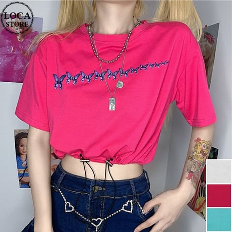 【3カラー】 Tシャツ バタフライ柄 半袖 コードストッパー 裾絞り クロップド丈 ショート丈 韓国ファッション レディース カジュアル 韓国ストリートファッション DTC-619665826393